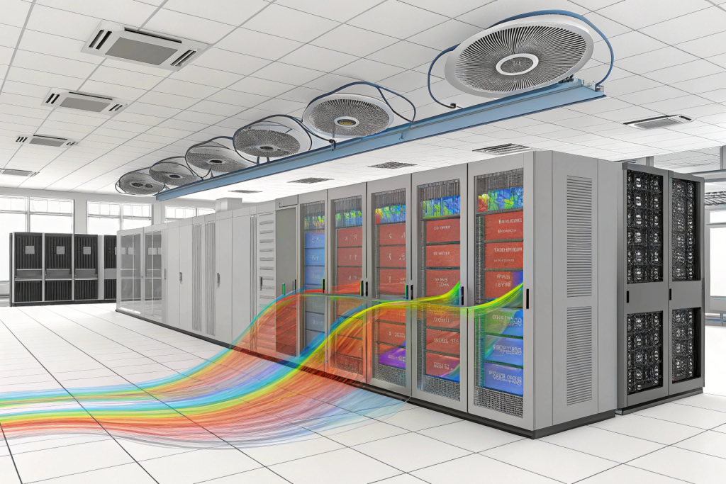 Simulation CFD Visualisation colorée en 3D d’un flux d’air ou thermique simulé dans un espace technique.