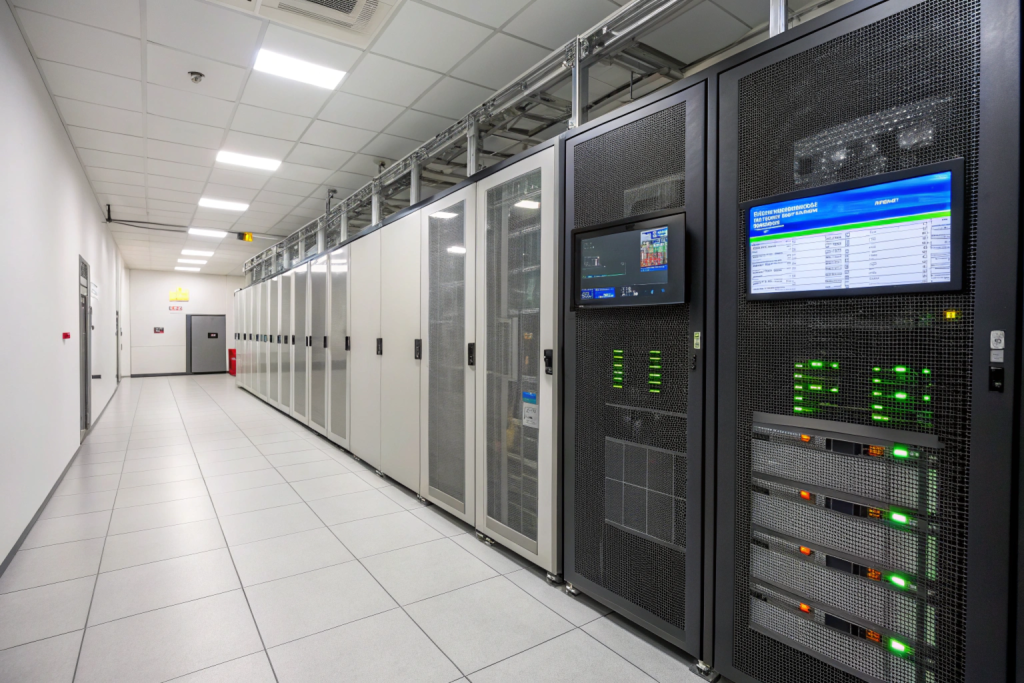 Salle data center avec confinement d'allées, monitoring énergétique, affichage des KPI (PUE/WUE). Focus sur solution éco-efficiente.