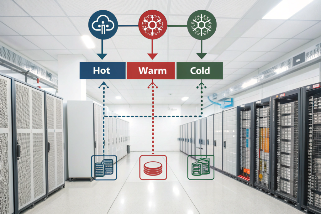 Disponibilité / Tiering Schéma technique d’un datacenter ou icône représentant différents niveaux de tiering.
