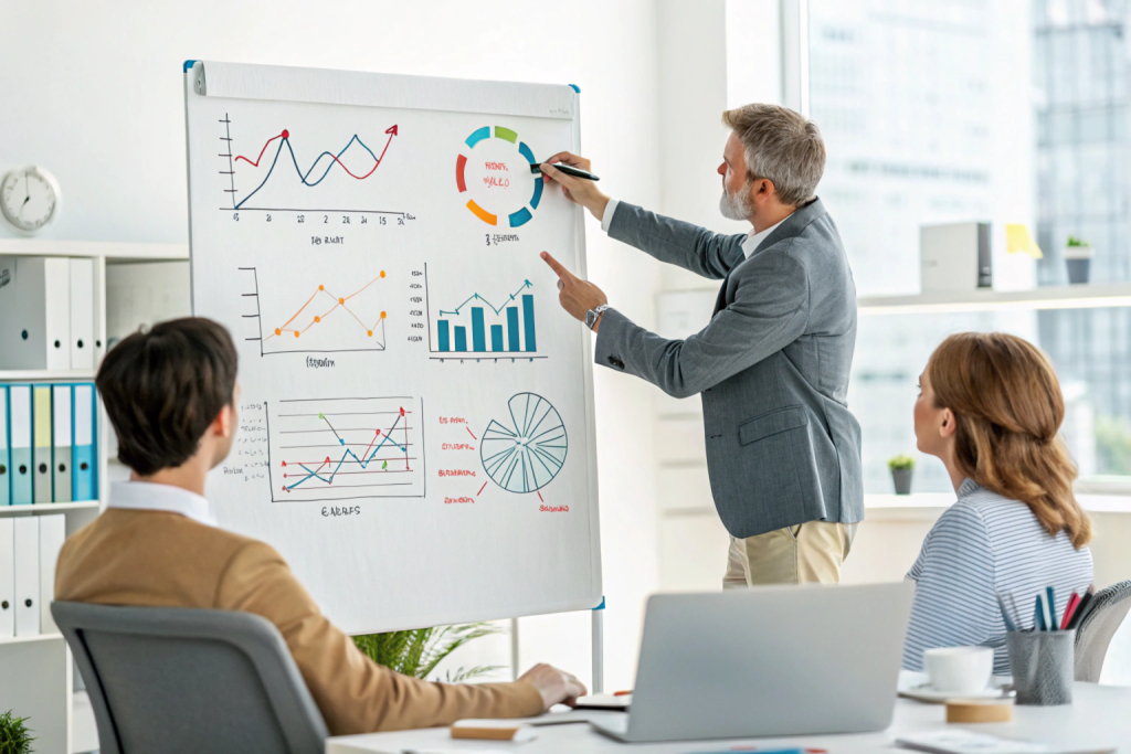Consultant expliquant une stratégie avec des graphiques.